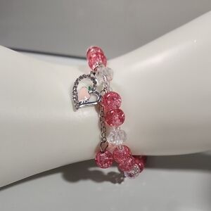 Handmade Valentines Day Chic Pink and Silver Heart Charm Bracelet